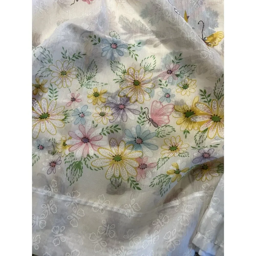 Vintage Two Panel Sheer Floral Butterfly Window Valance Curtain Set